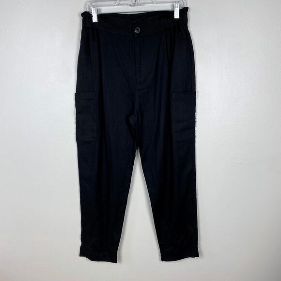 Zara Baggy Linen Trouser Cargo Pant Black Tapered Leg‎ Pockets Cuffed Size 6 - Picture 1 of 10